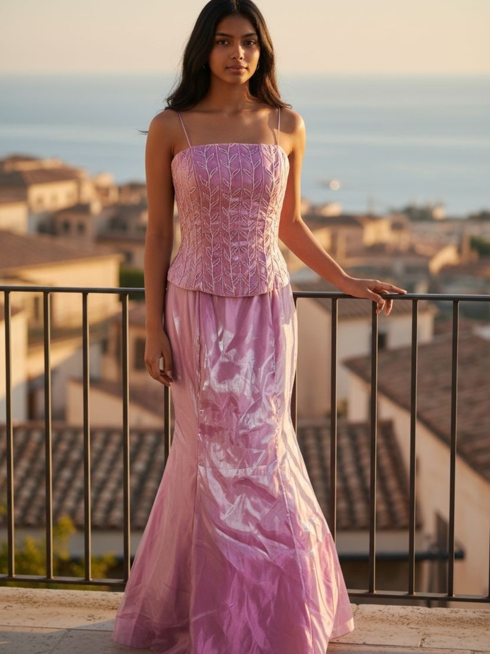 Lilac Strapless Evening Gown with Embroidered Bodice